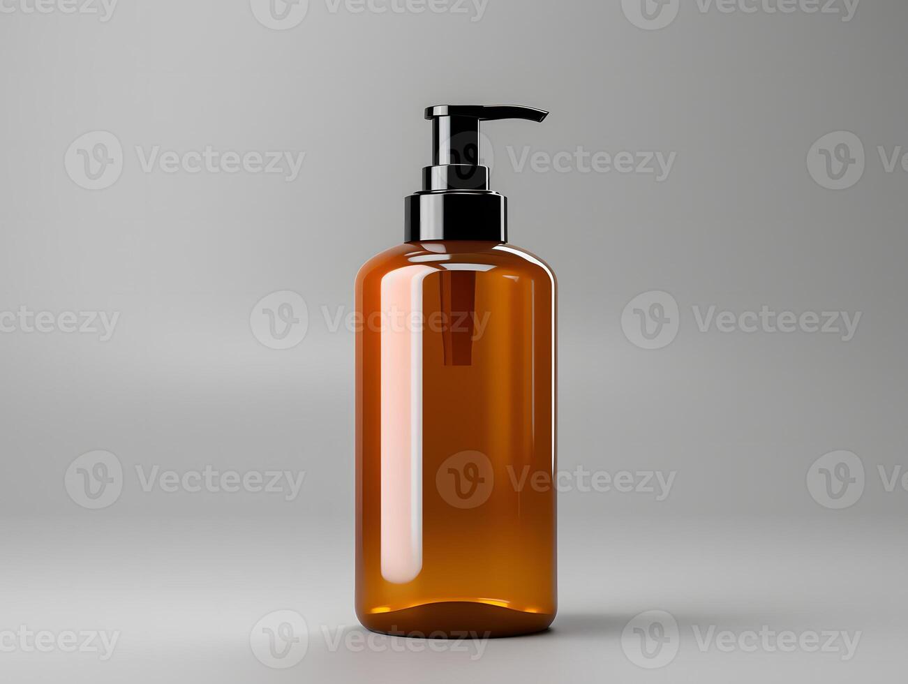 A brown bottle with a black pump on a gray background photo