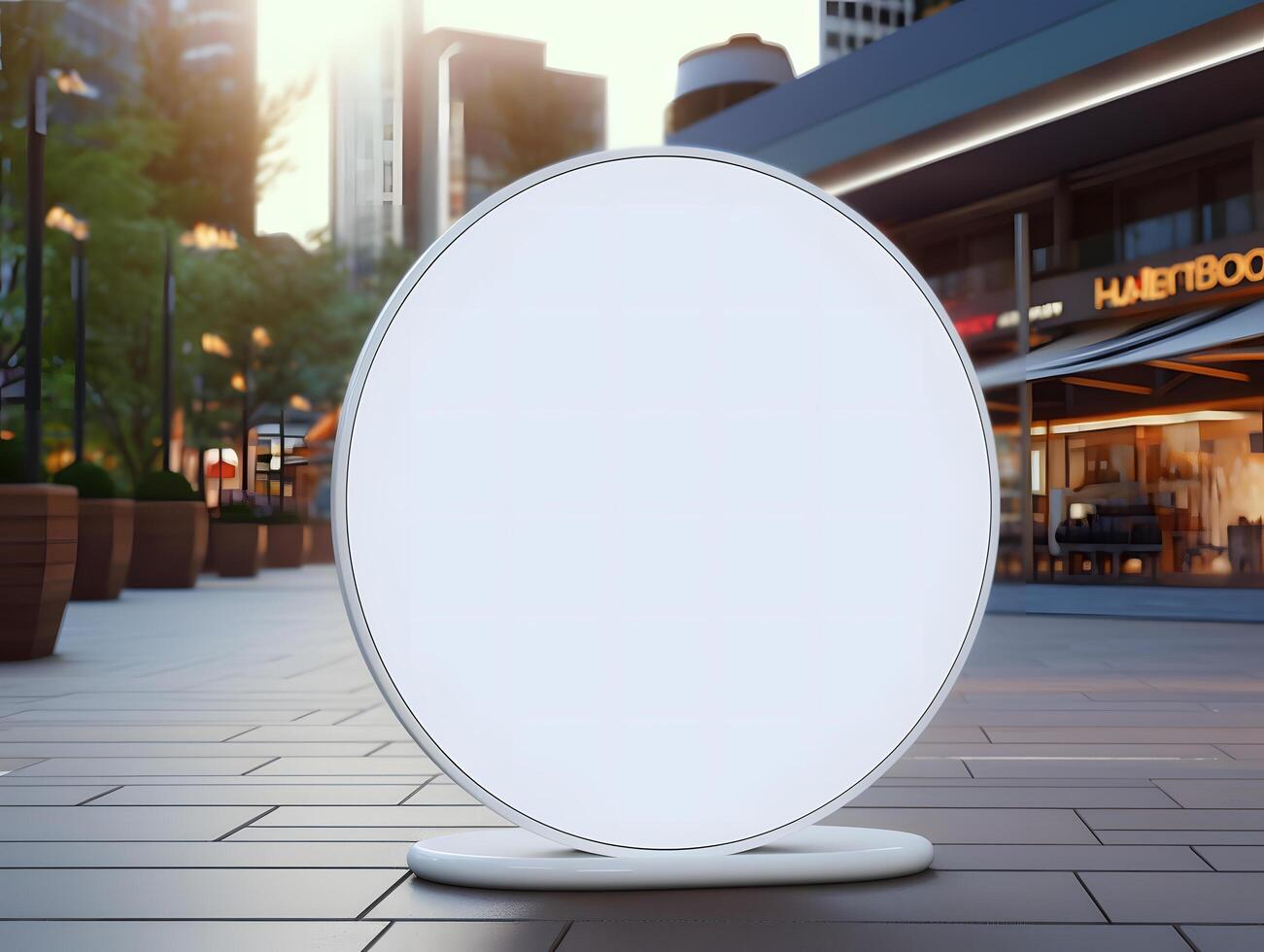 A white round sign on a street corner photo