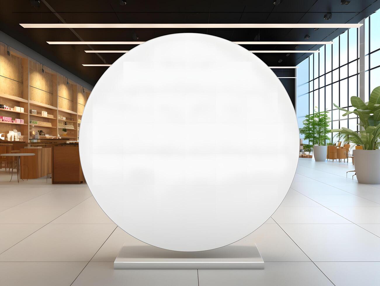 A large white egg in a lobby with plants photo