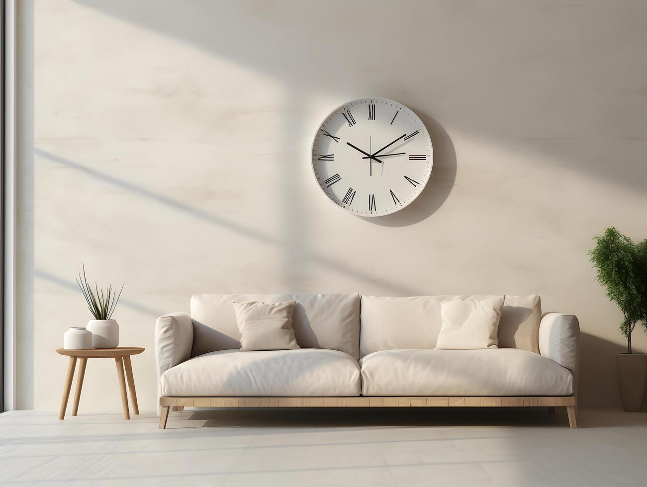 A white sofa and a clock in front of a window photo