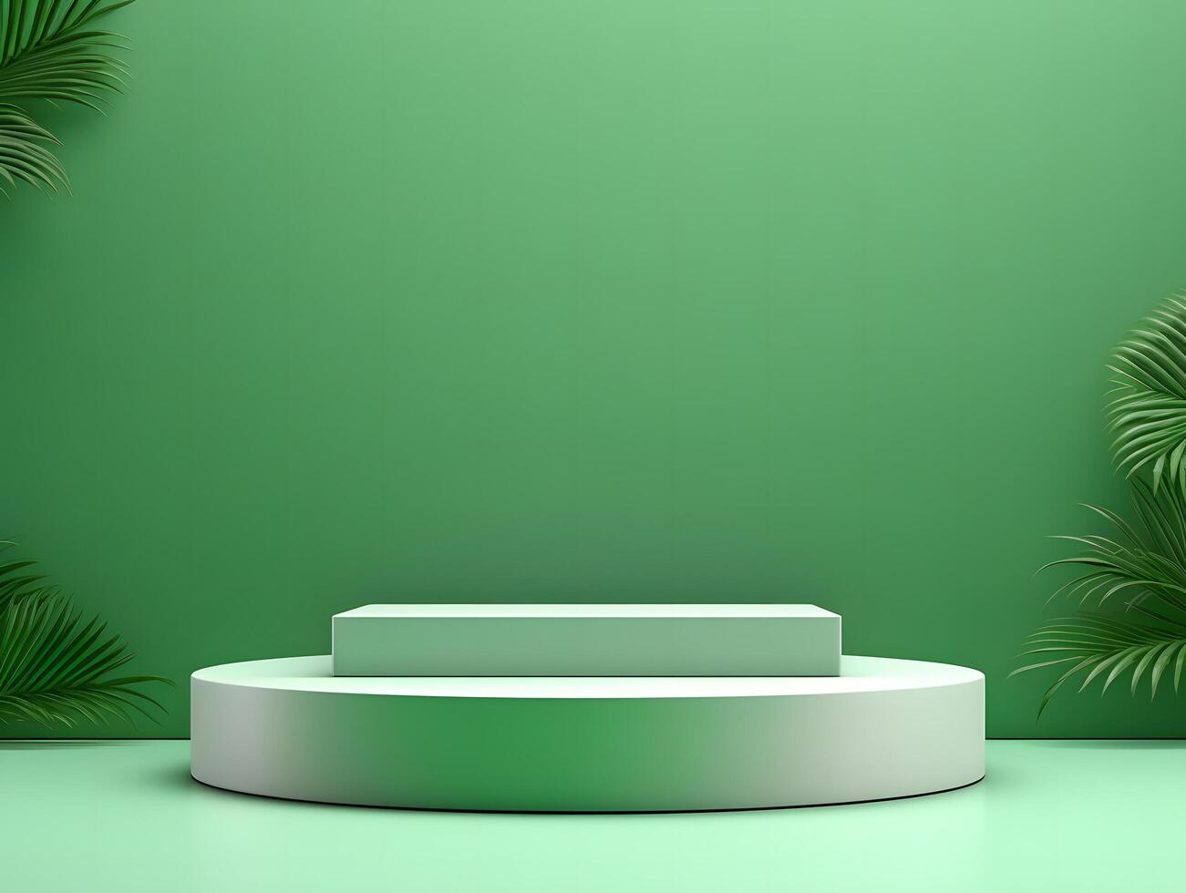 Green background with palm trees and a pedestal photo