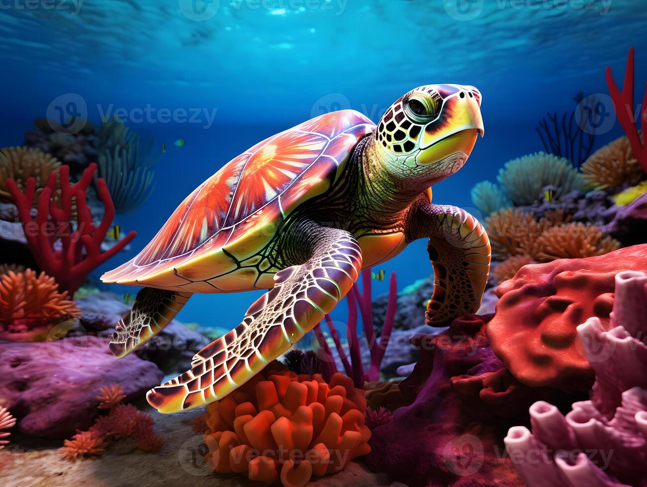 A turtle swimming in the ocean surrounded by coral photo