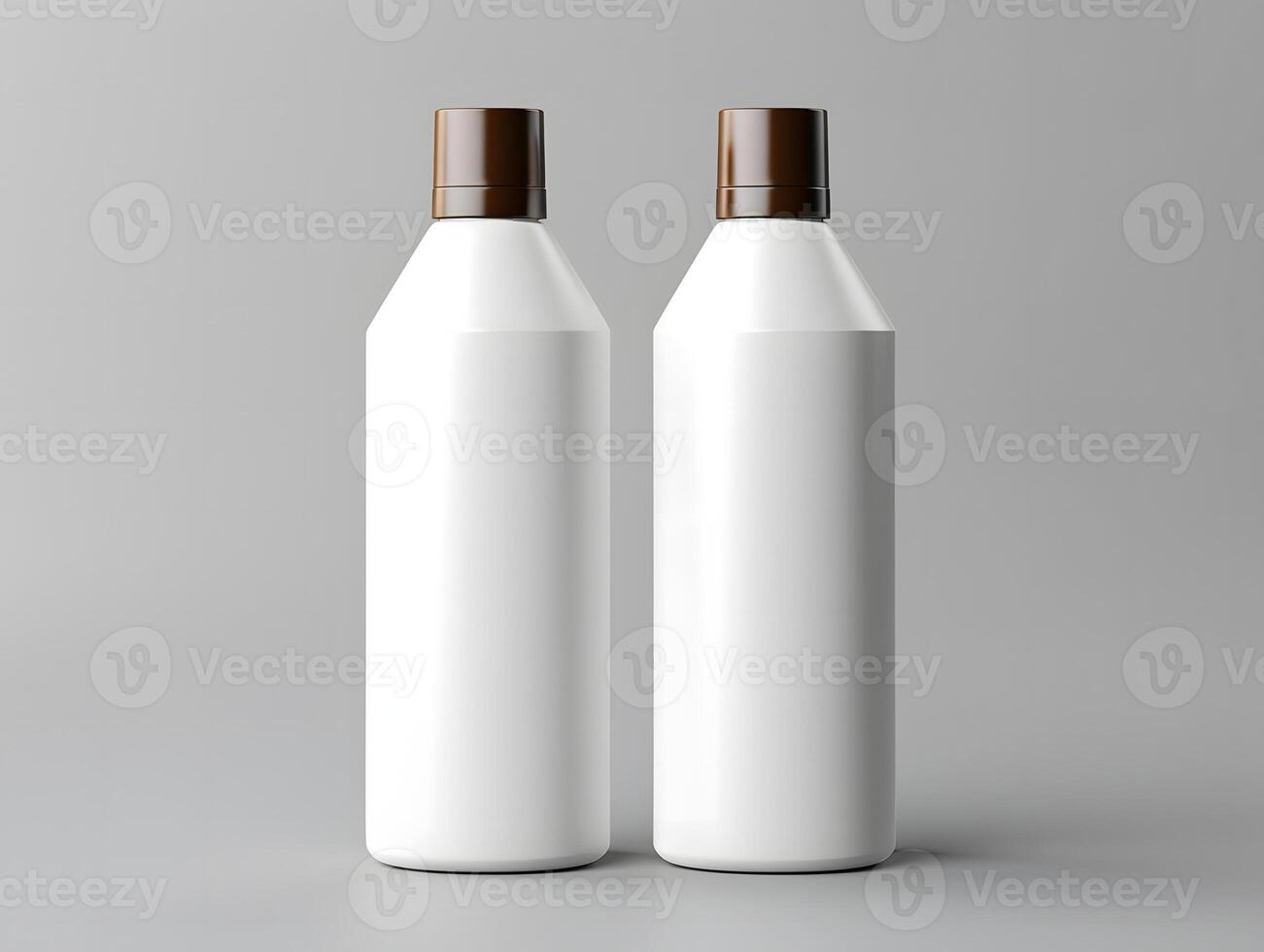 Two white plastic bottles with brown caps on a gray background photo
