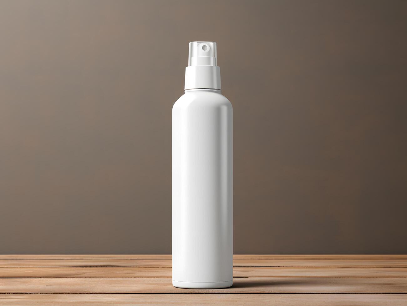 White spray bottle on wooden table with brown background photo