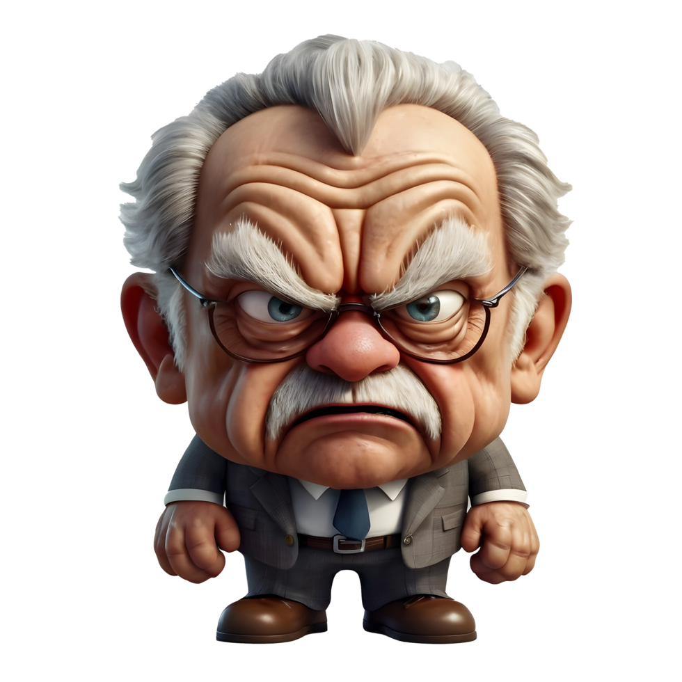An angry cartoon old man with glasses and a suit png