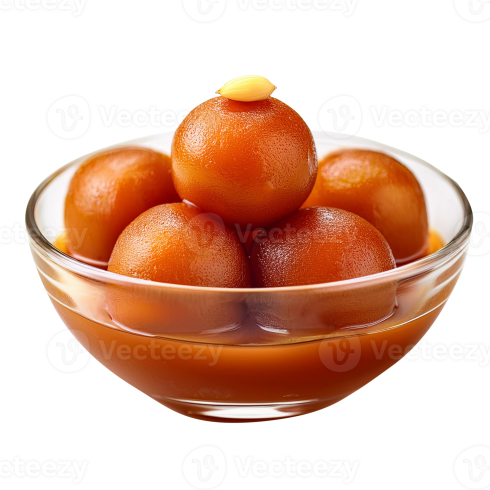 Gulab jamun with sugar syrup indian sweets in a bowl on a transparent background png