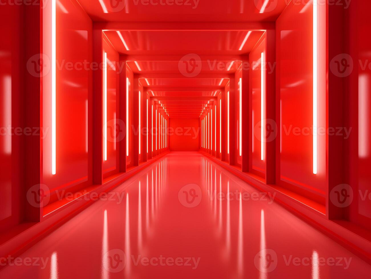 Red neon lights in a long hallway photo