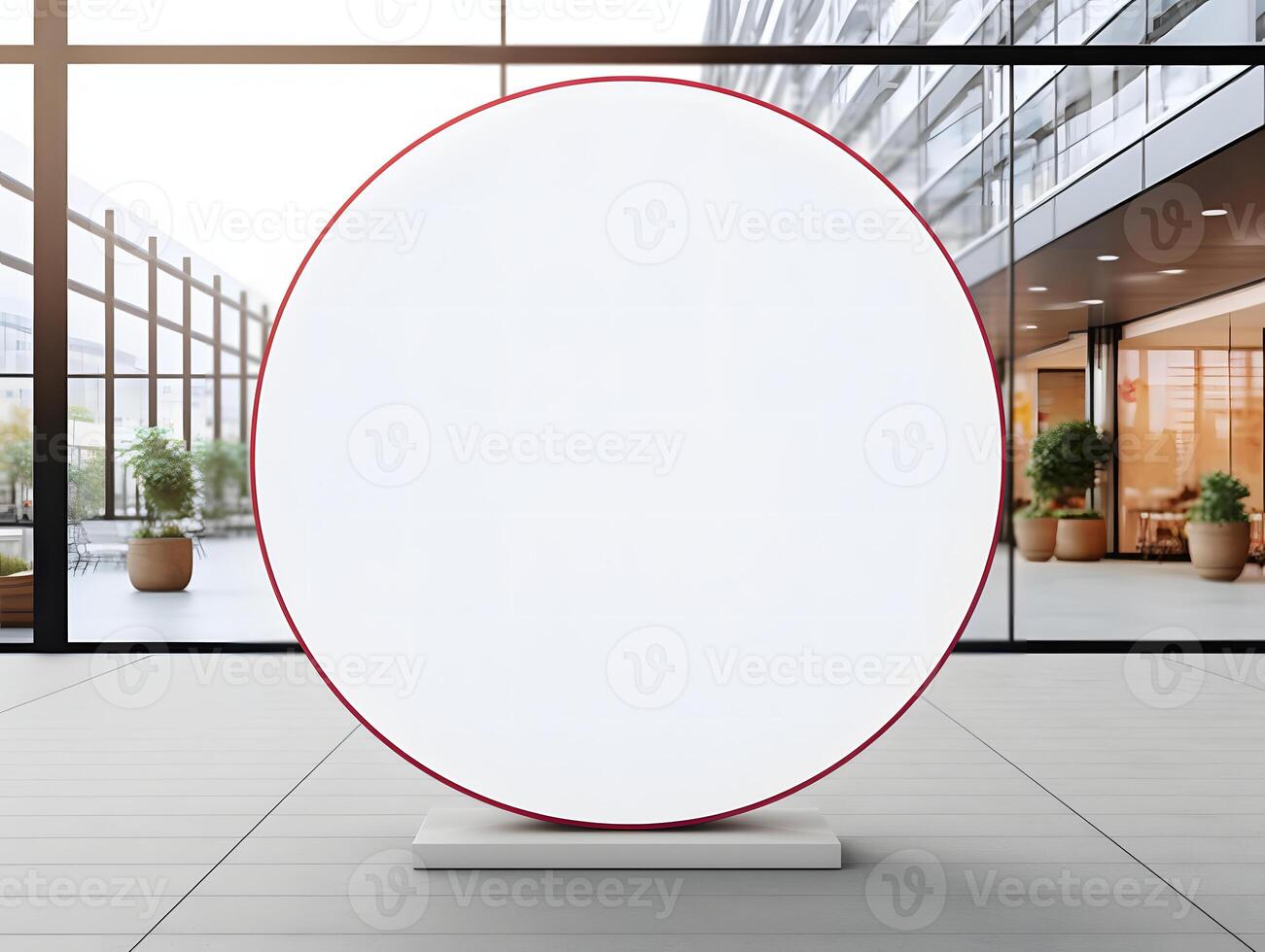 A large round white sign in front of a building photo