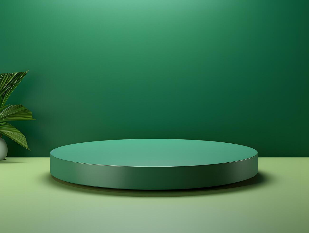 Green round table with plant on table and wall photo