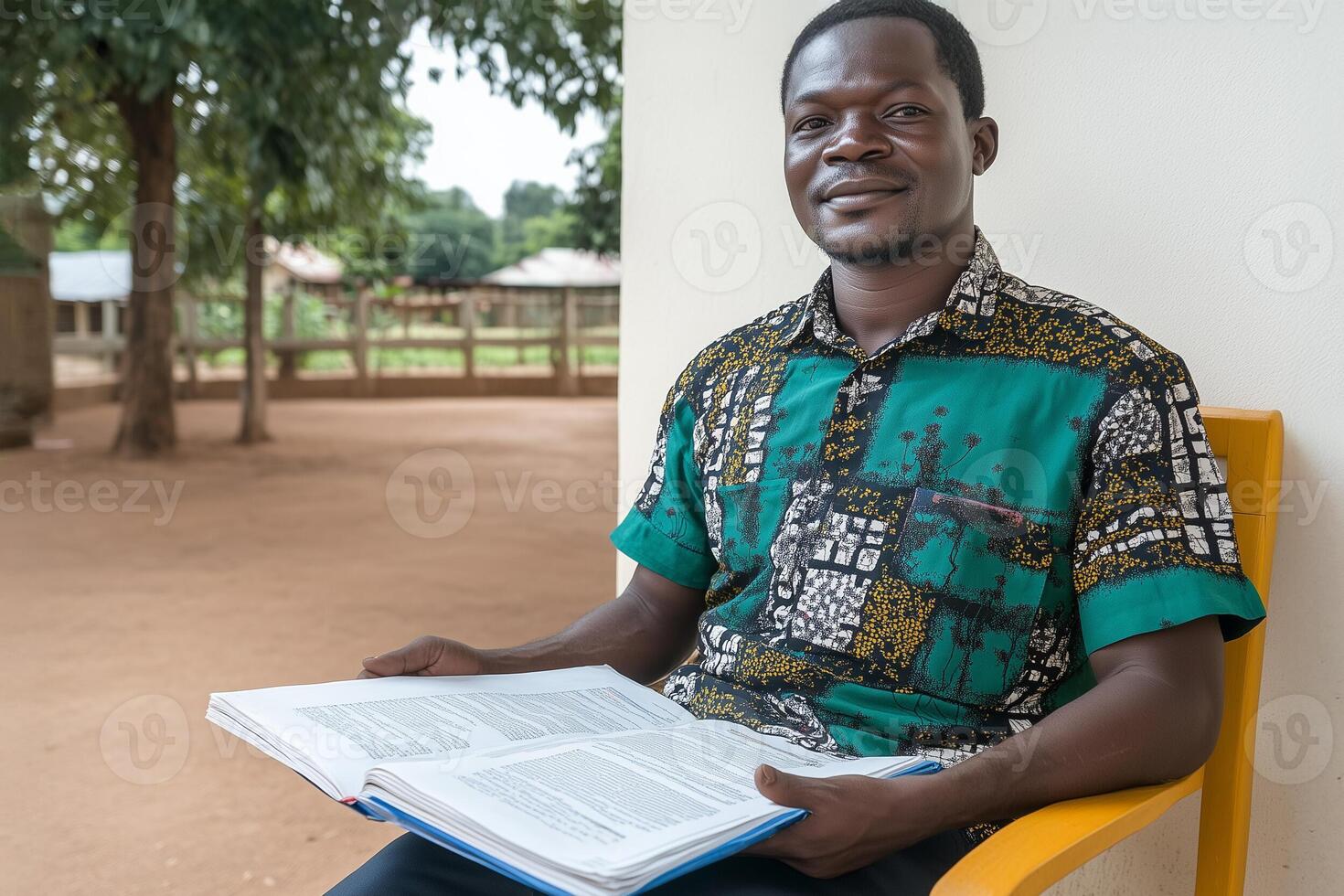 Smiling african teacher reading a book in a rural schoolyard photo