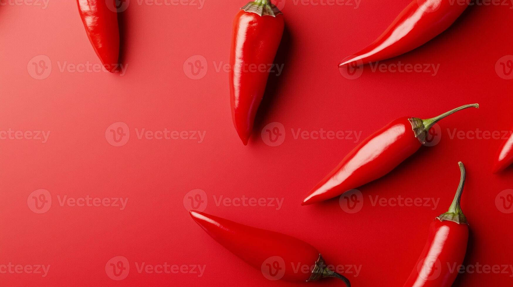 chili peppers on red background with copy space photo
