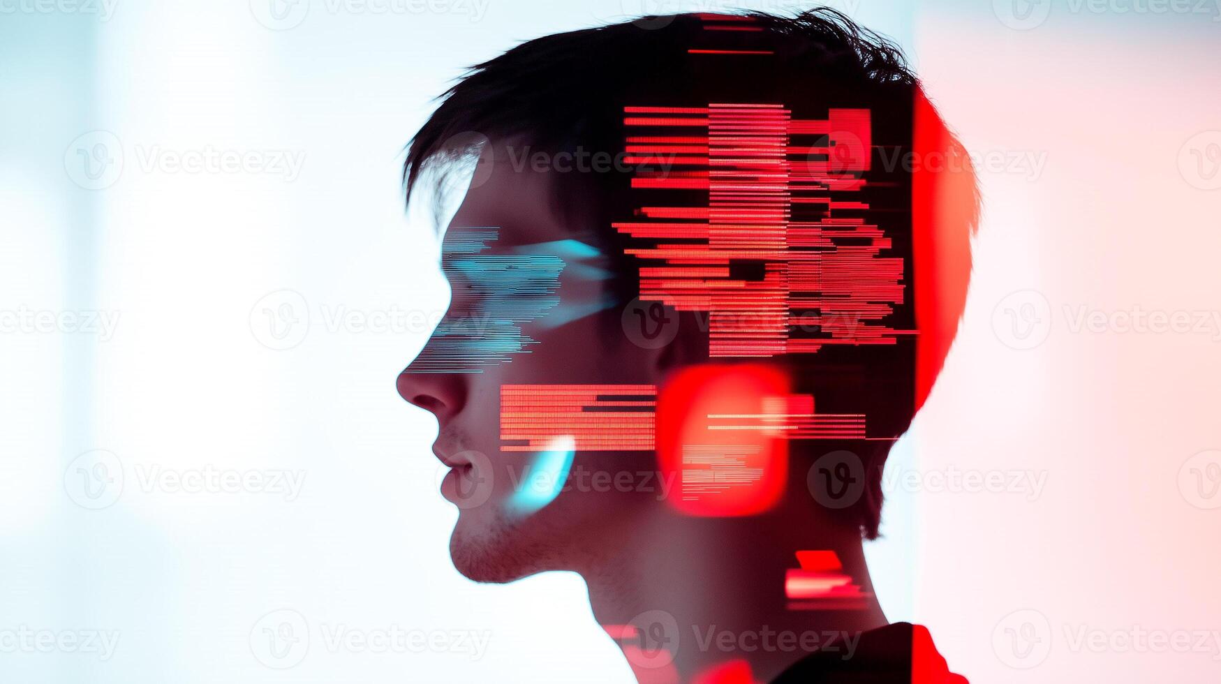Profile of programmer with code and data visualization overlay, representing the process of software development and coding photo