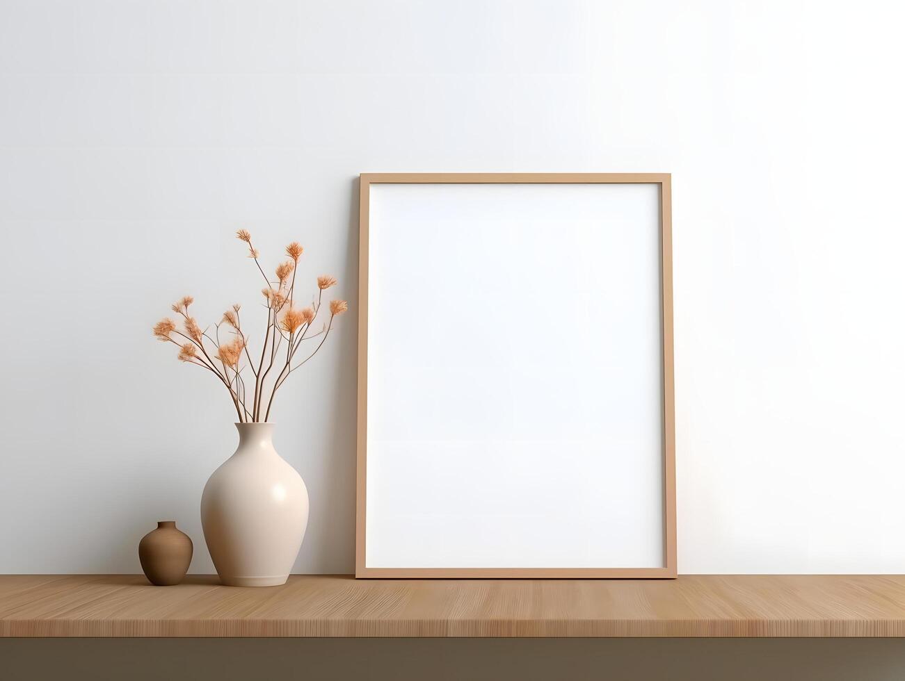 Mock up of a blank frame on a wooden shelf with a vase of dried flowers photo