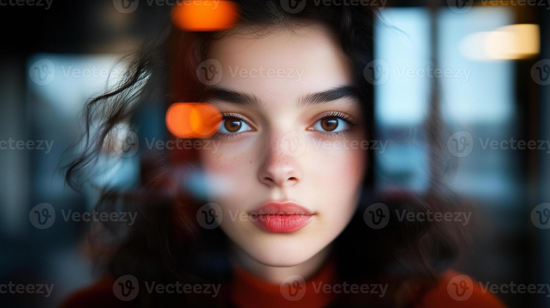 Portrait of a young woman with curly hair looking through a window with blurred city lights reflection photo
