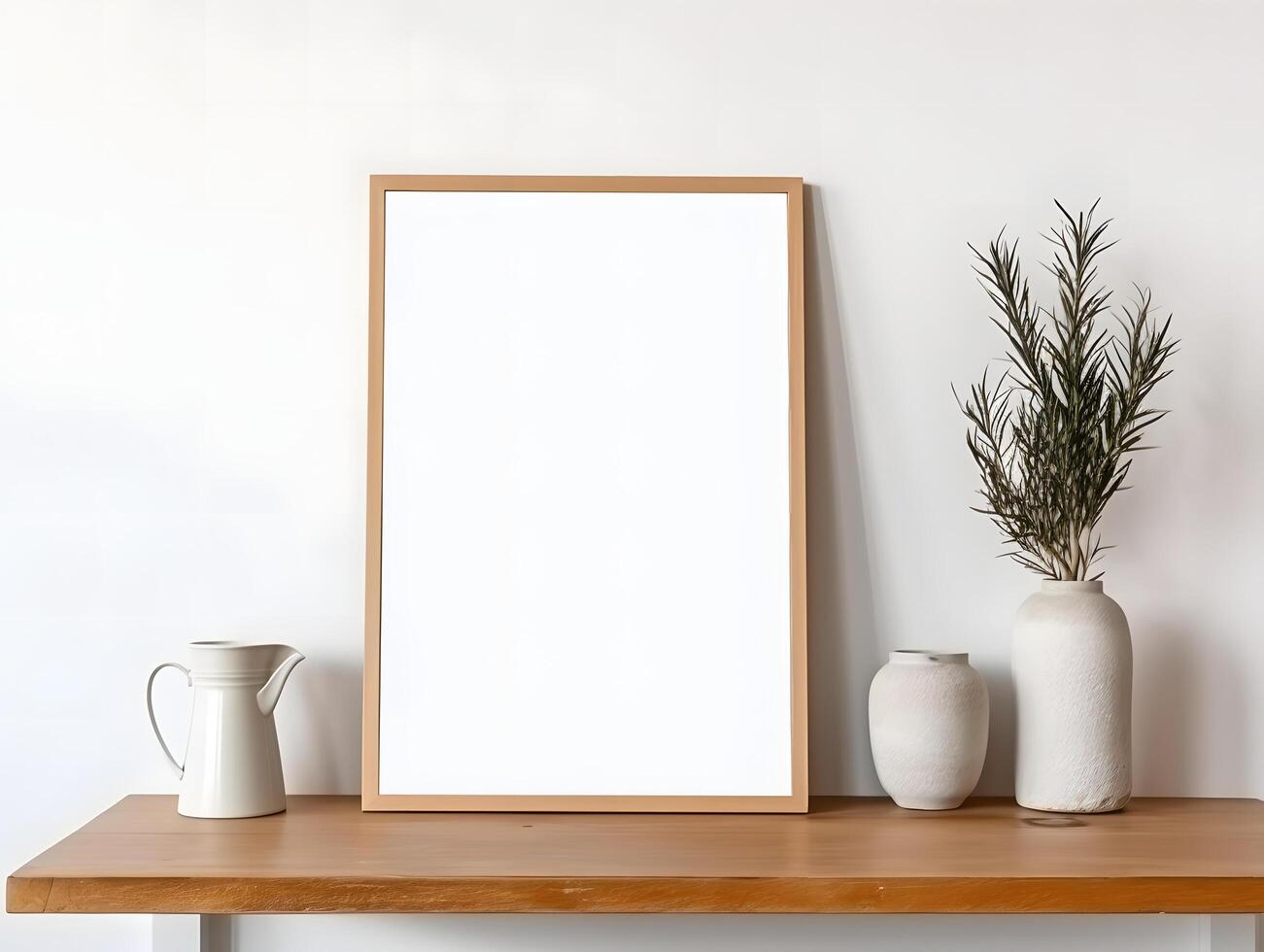 Mockup of a wooden frame on a table with a vase and a plant photo