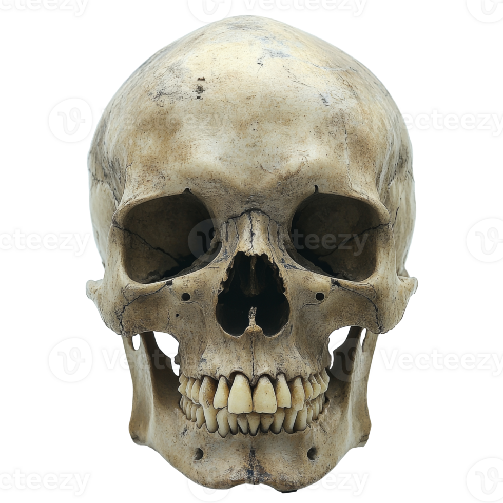 Human skull with teeth, cranial sutures and bone structure png