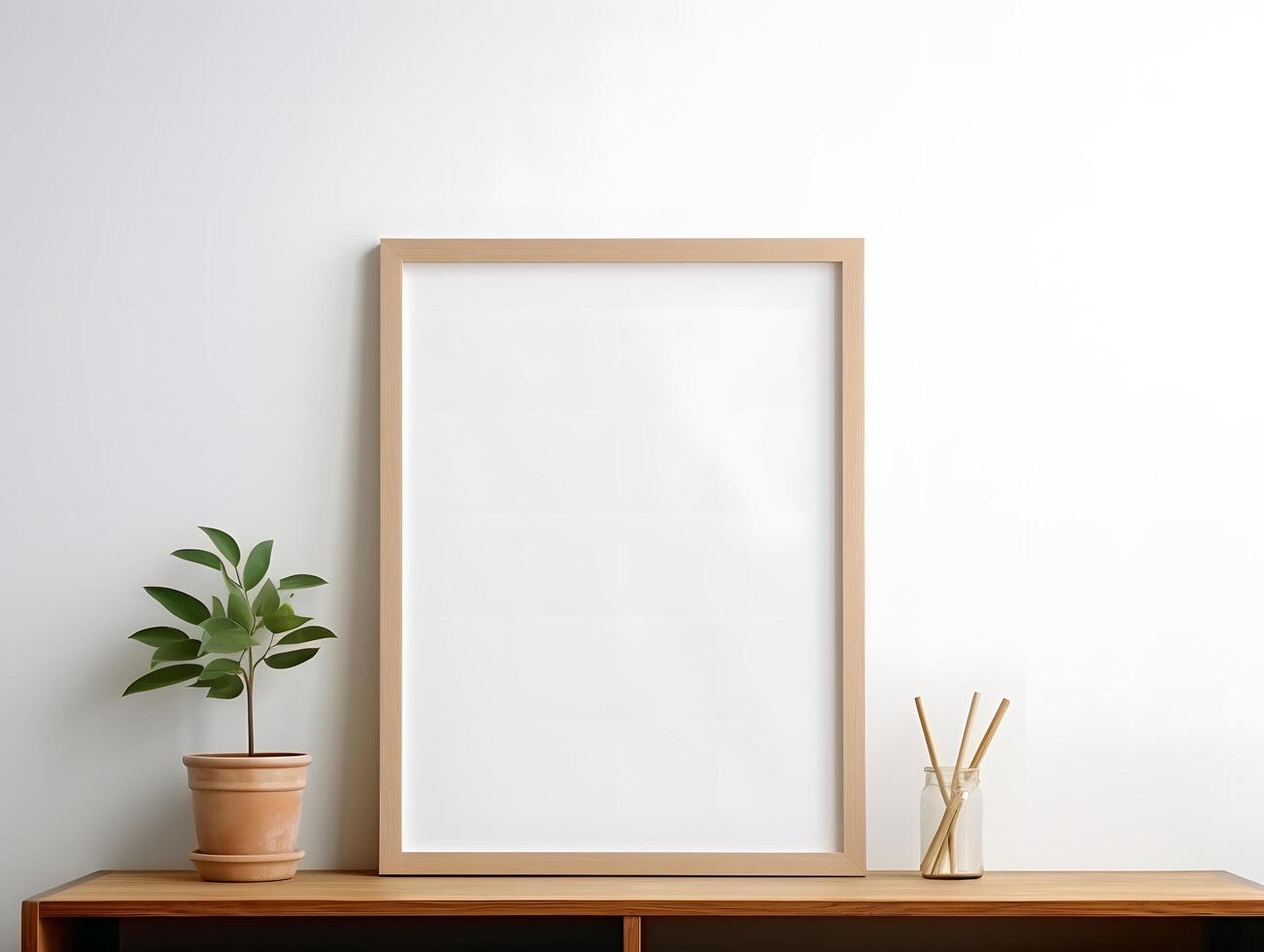 Mock up of a blank frame on a shelf with a plant photo