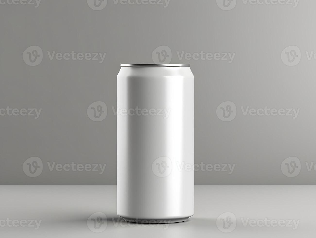 A white can of soda on a table with a gray background photo