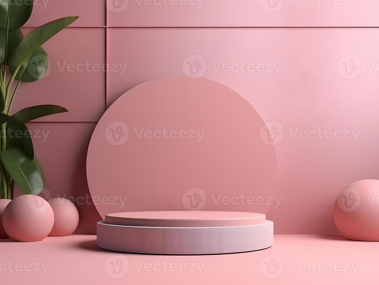 Pink round table with plants and a round mirror photo