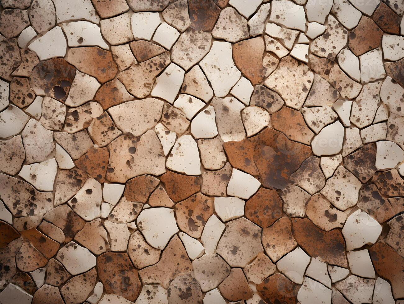 A brown and white stone wall with many different shapes photo