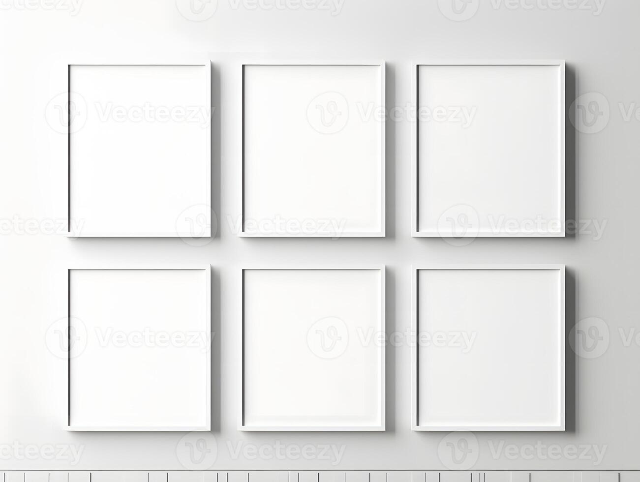 Blank white frames on a wall with a wooden shelf photo