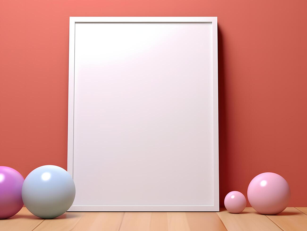 3d render of easter eggs and empty frame on wooden floor photo