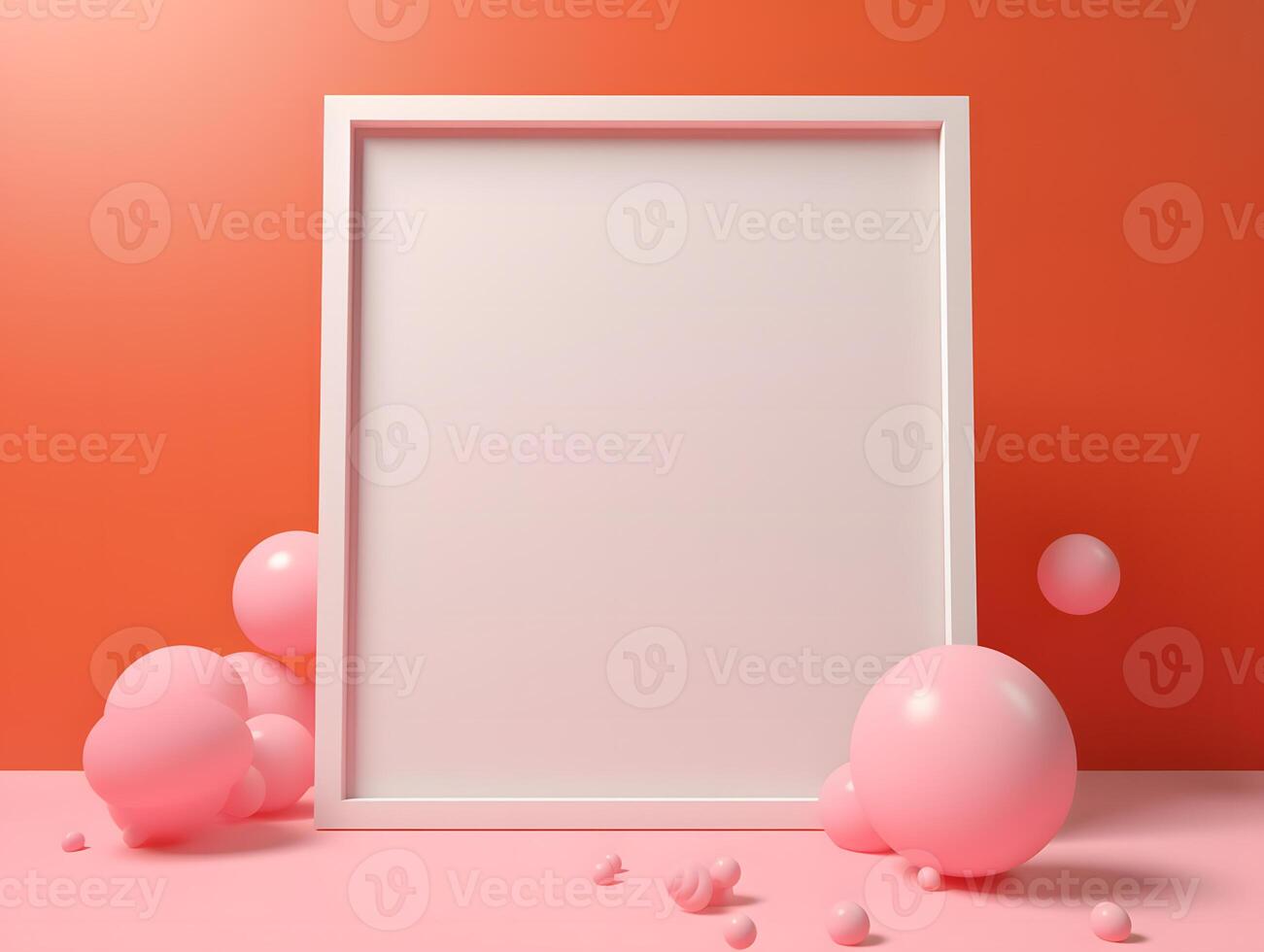 A blank white frame with pink balloons on a pink background photo