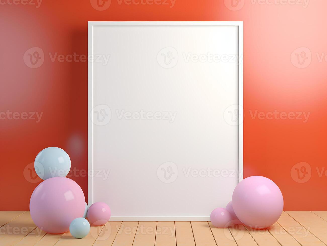 A blank white frame with pink and blue balloons on a red wall photo