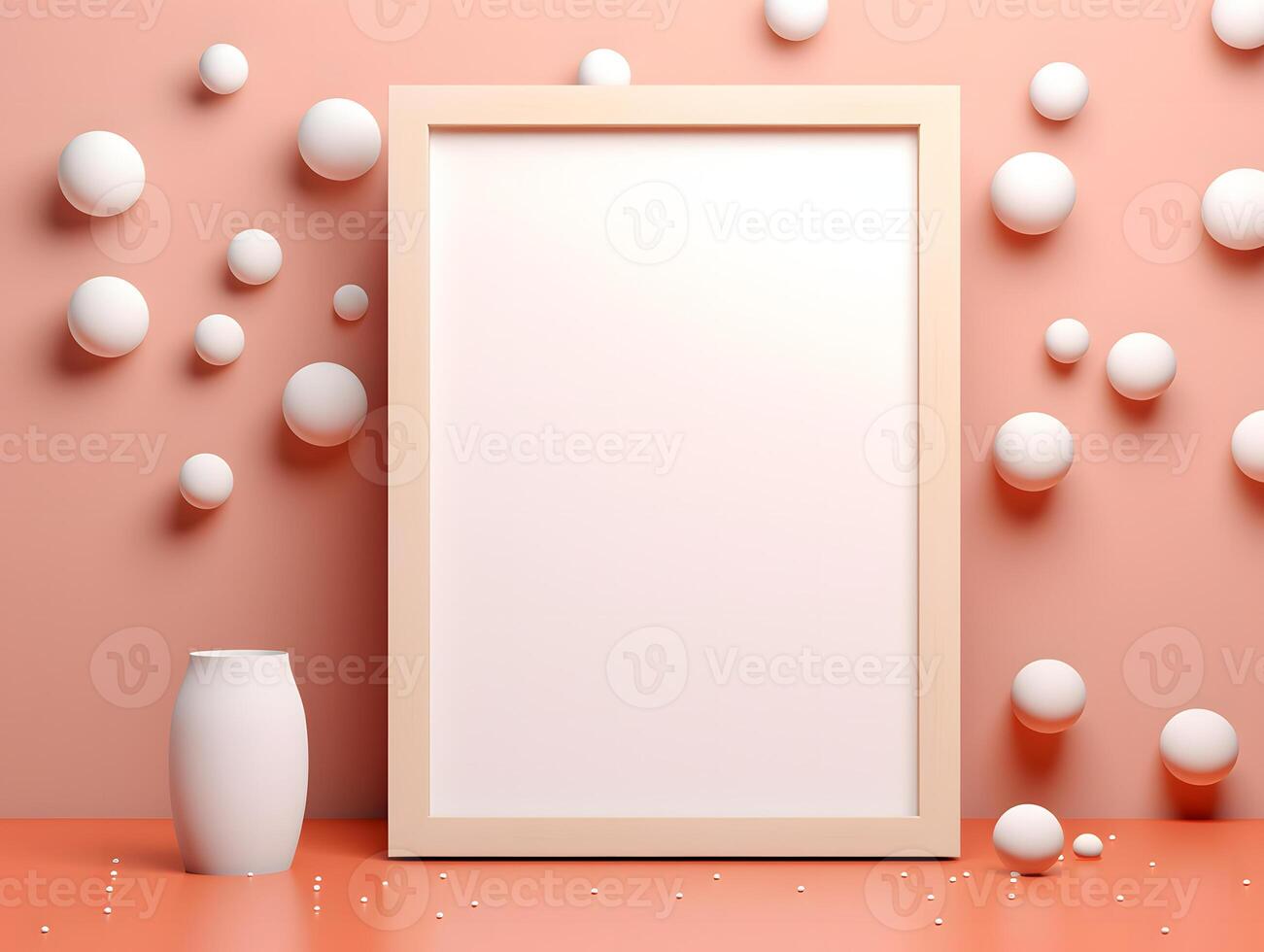 A blank frame with white balls on a pink background photo