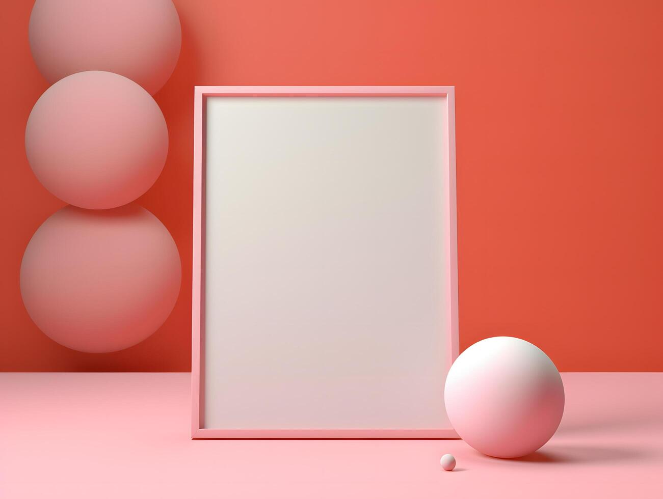 3d render of a blank frame with a white egg and pink balls photo