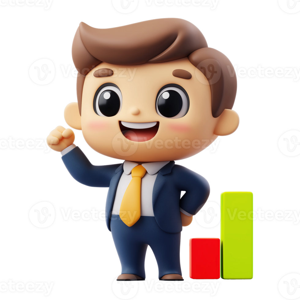 3D render Business man wearing formal suit, with growth and decline column isolated on transparent background png