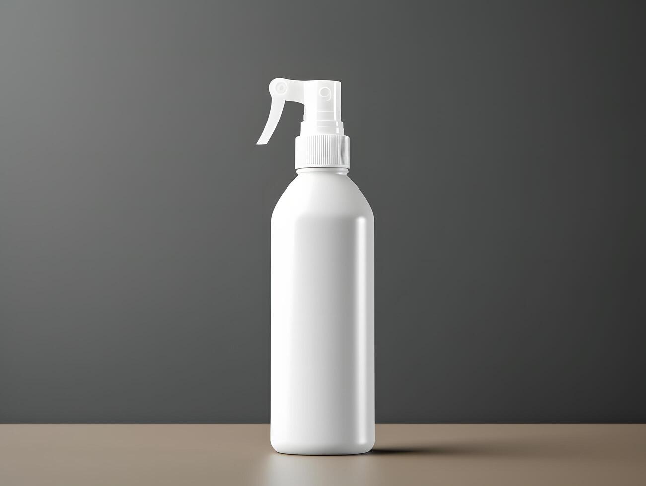 White spray bottle on a table with a gray background photo