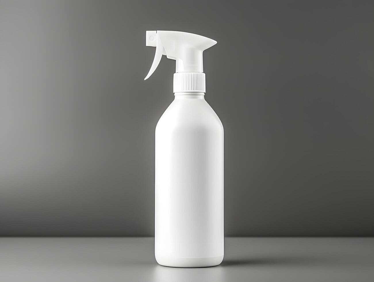 White spray bottle with a spray nozzle on a gray background photo
