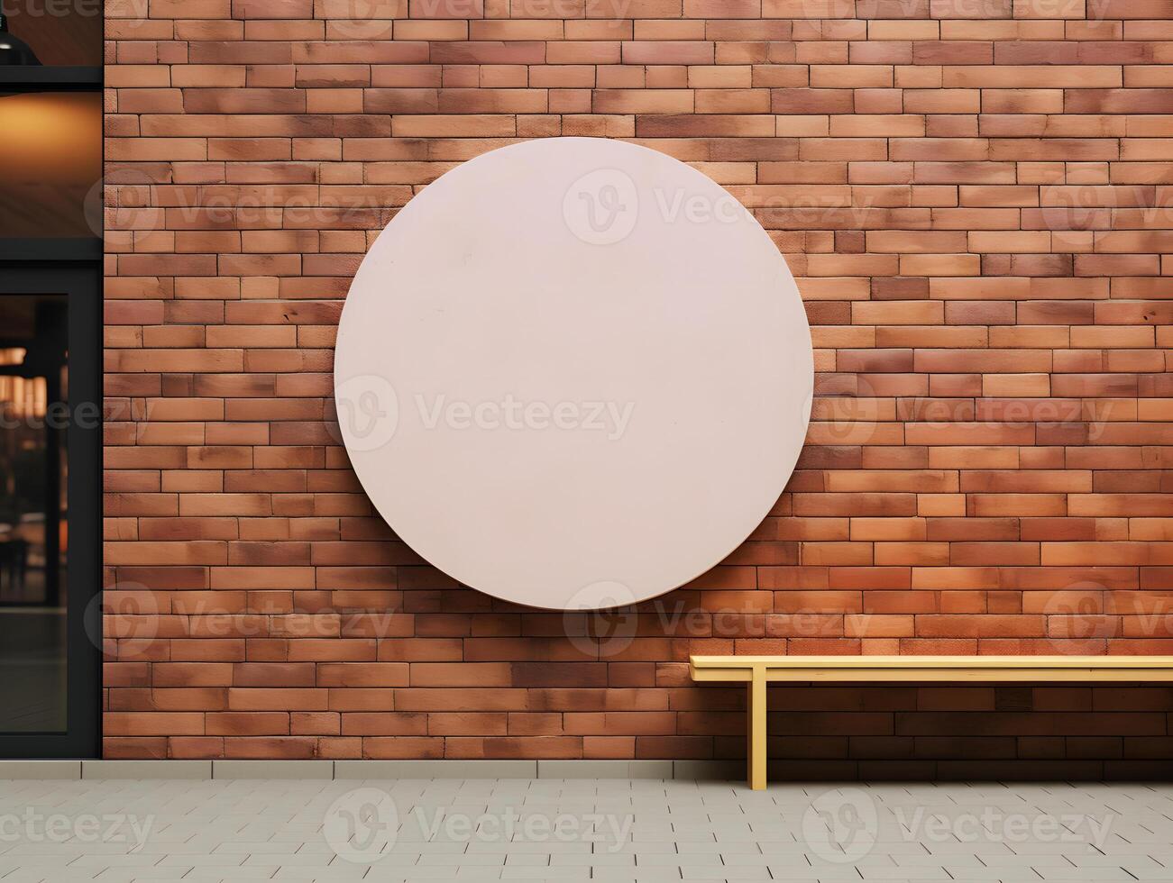 A round white circle is mounted on a brick wall photo