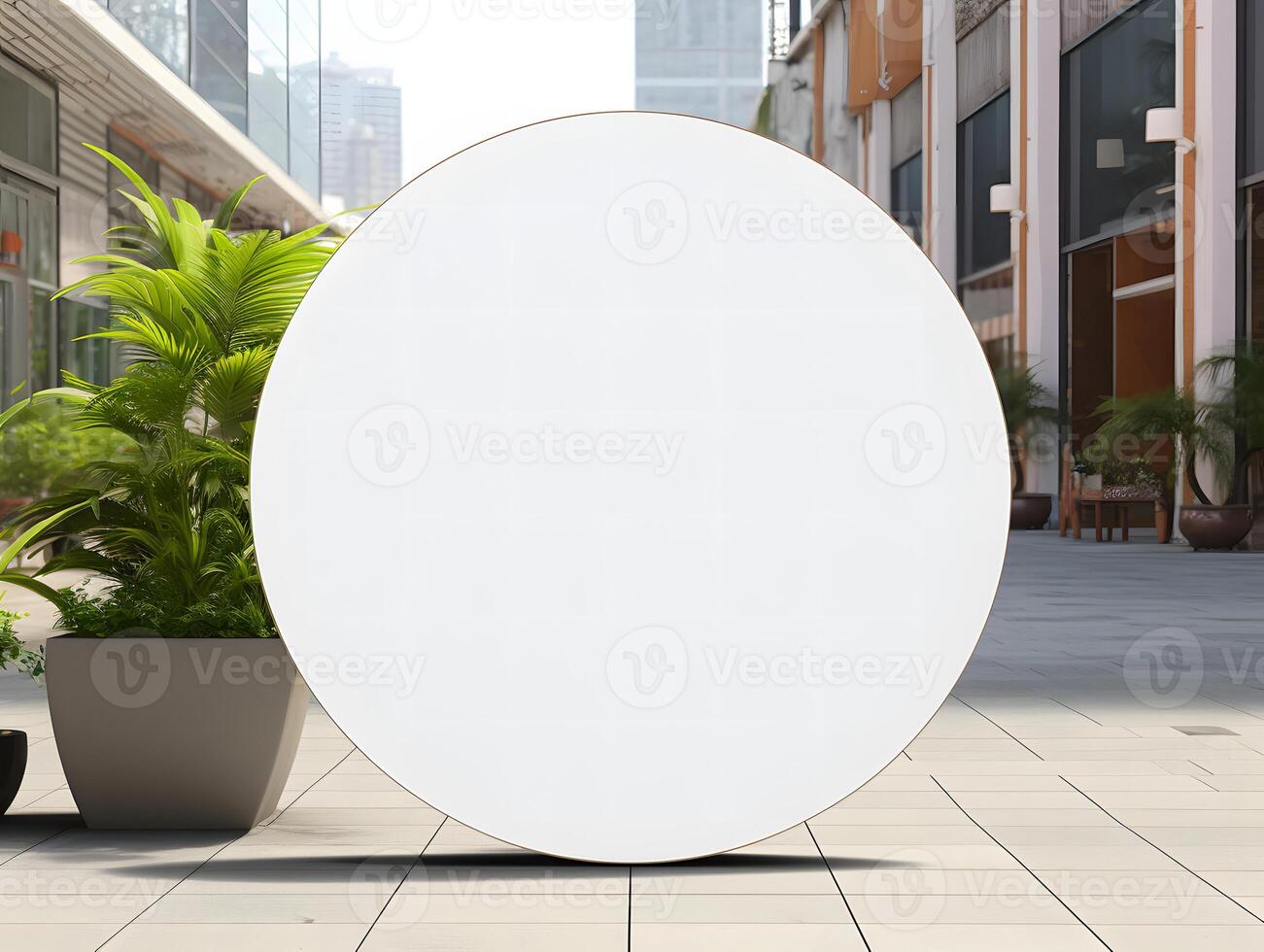 A white round table with a plant in front of it photo