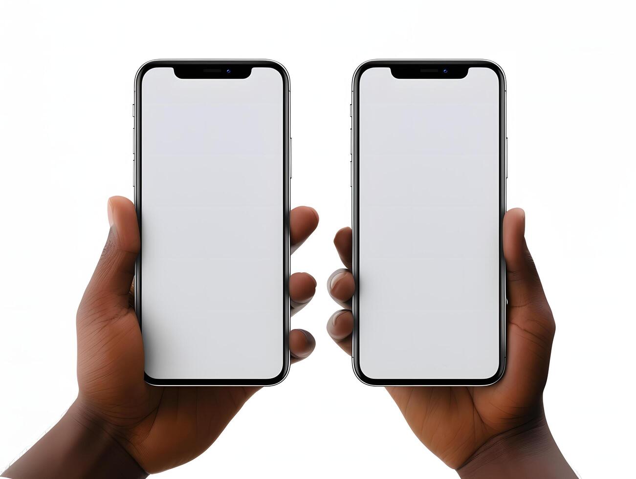Two hands holding two iphones with blank screens photo