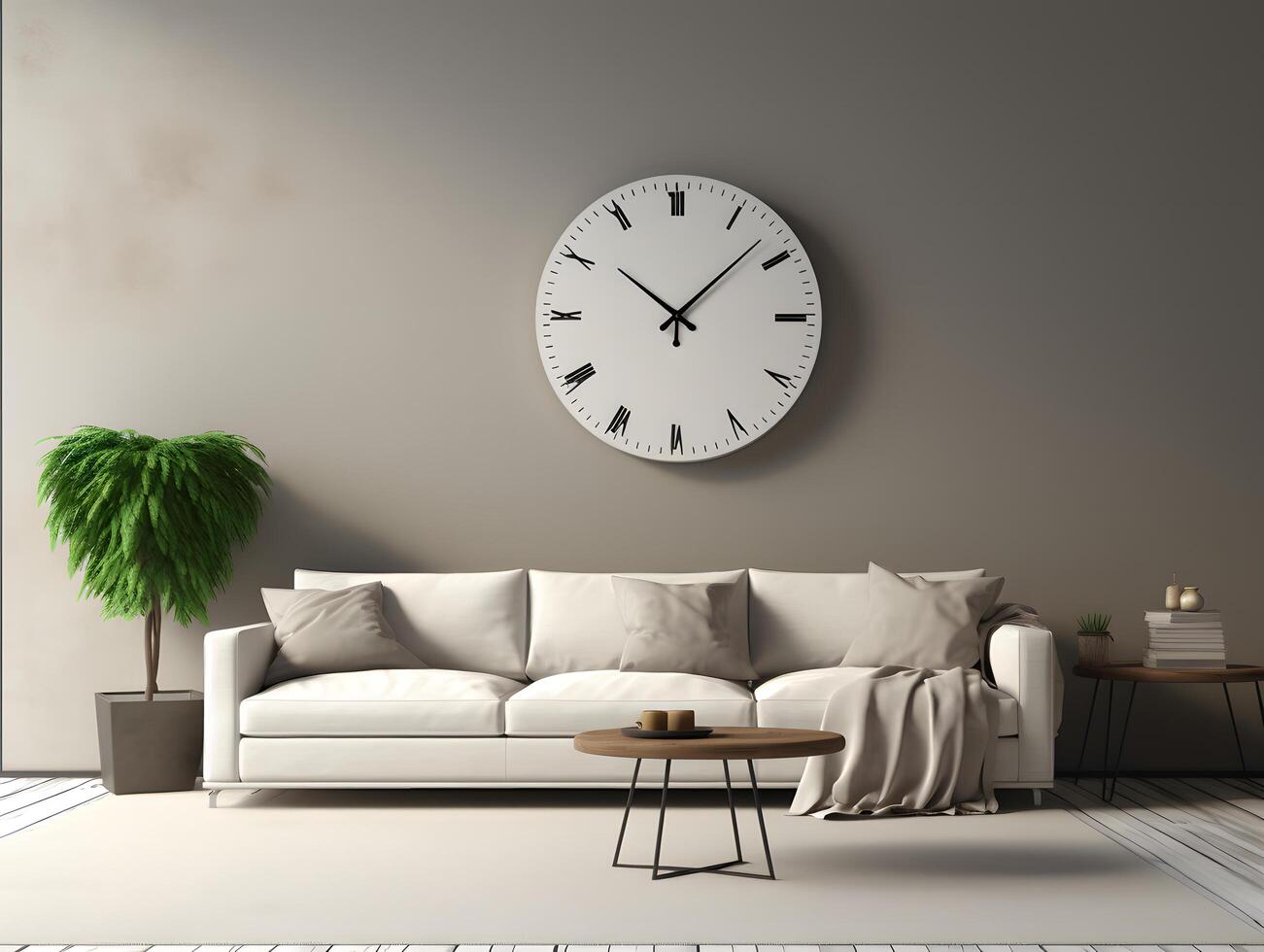 A white couch and a clock on the wall photo