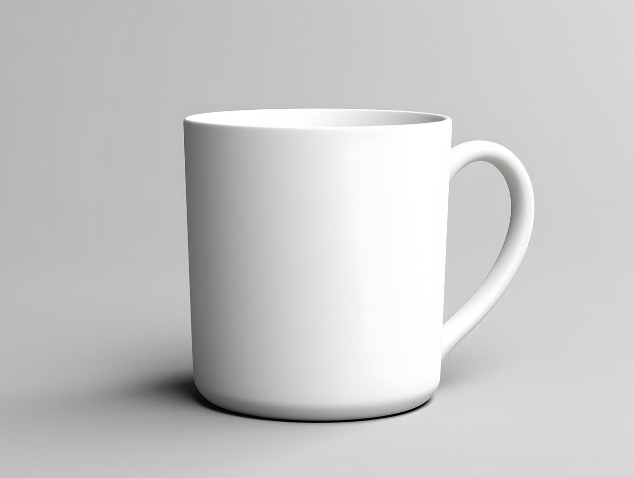A white mug is shown on a plain surface photo