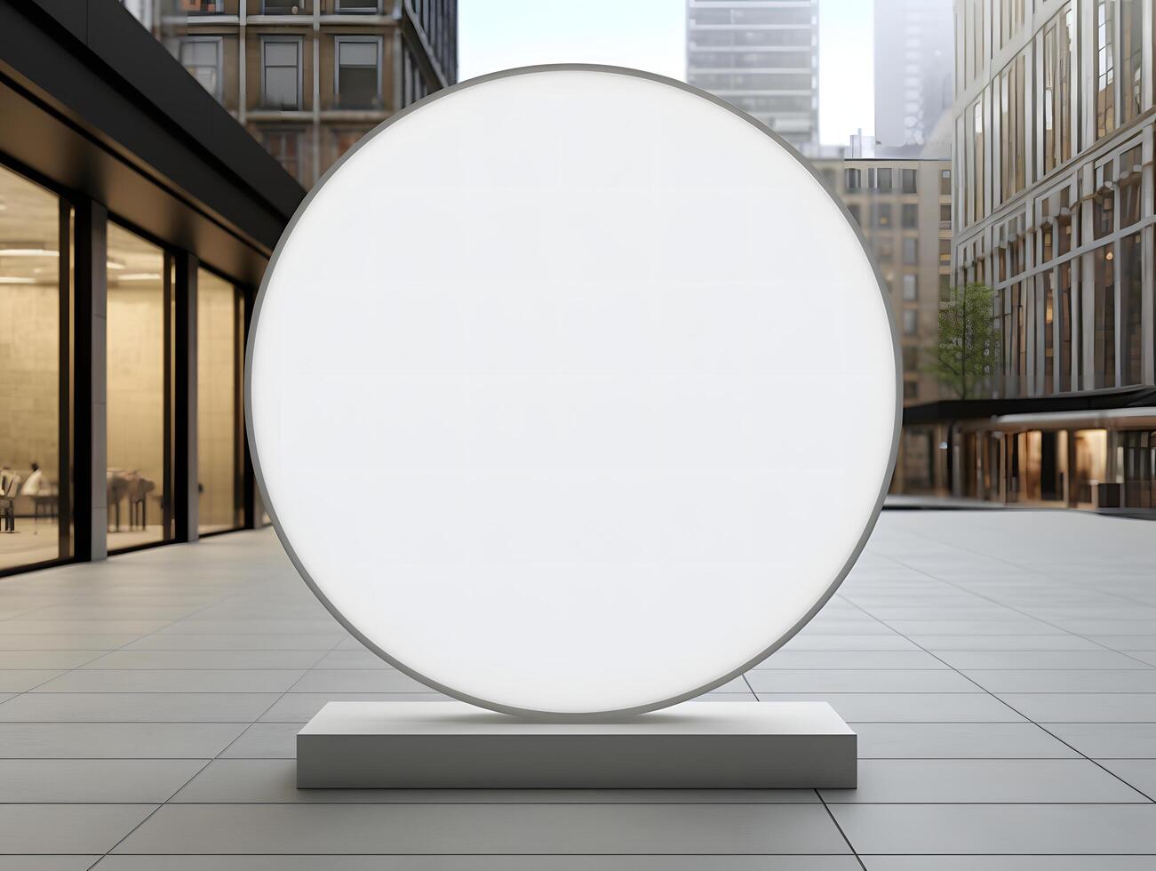 A large white oval sign on a pedestal in front of a building photo