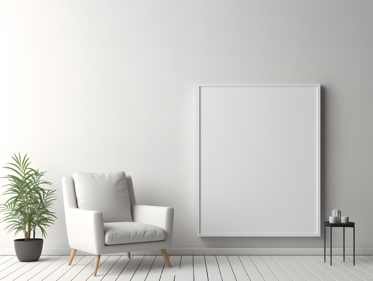 A white room with a chair and a blank picture frame photo