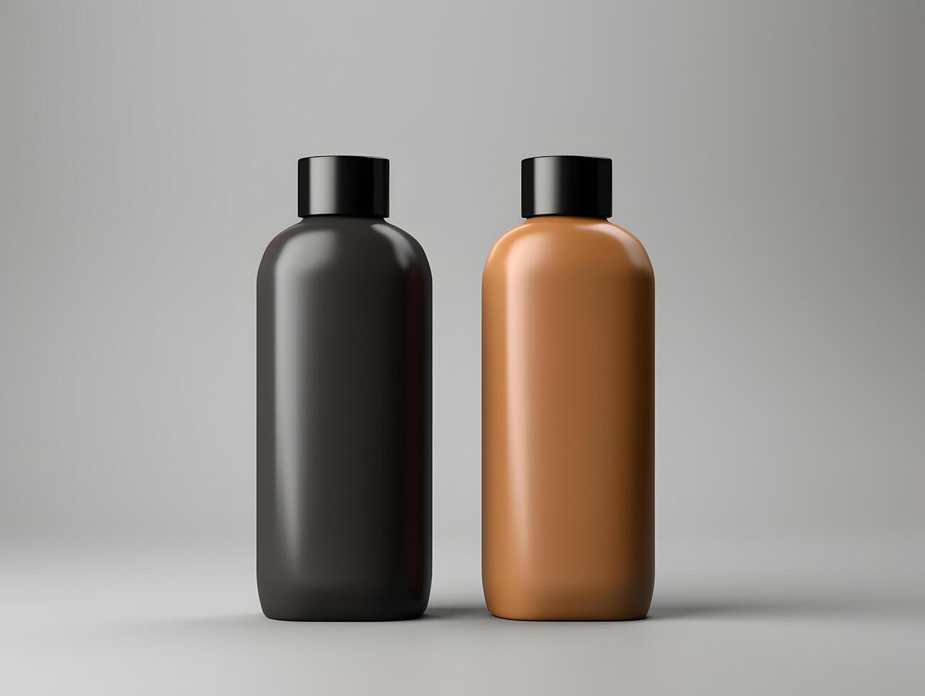 Two black and brown bottles of hair care products on a gray background photo