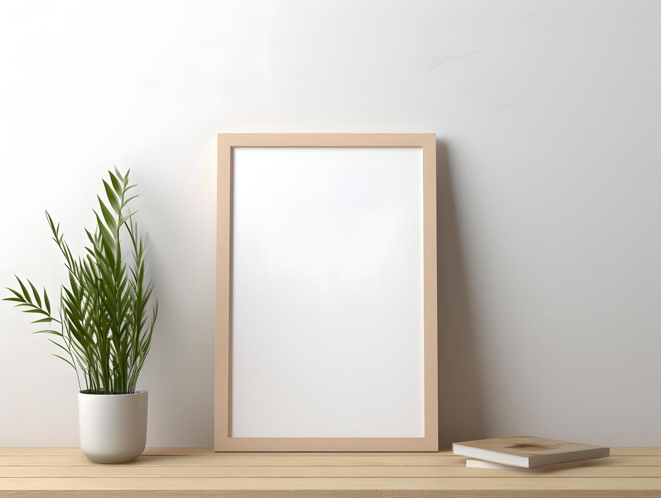 Mock up of a wooden frame with a plant on a table photo