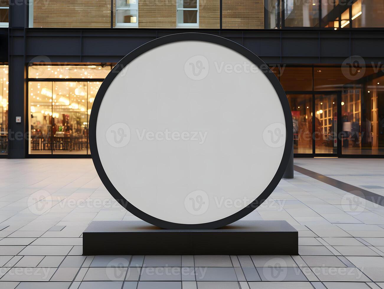 A large white circular sign on a pedestal in front of a building photo