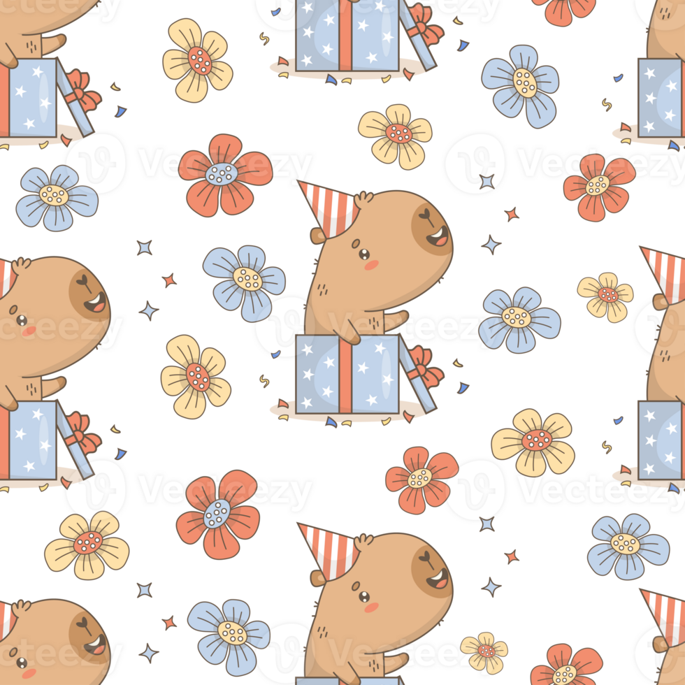 Seamless Pattern Happy Capybara in birthday cap in gift box png