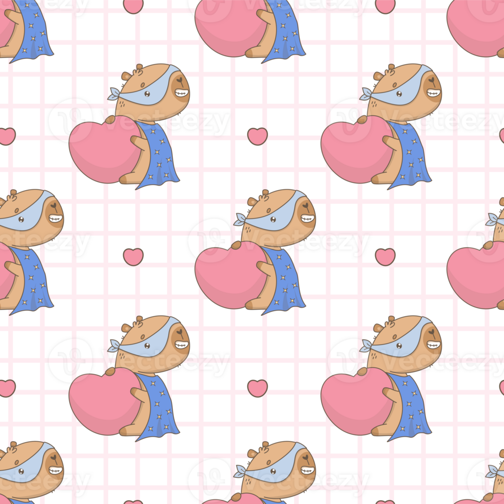 Seamless Pattern Cute Superhero Capybara with big Heart on checkered Background png