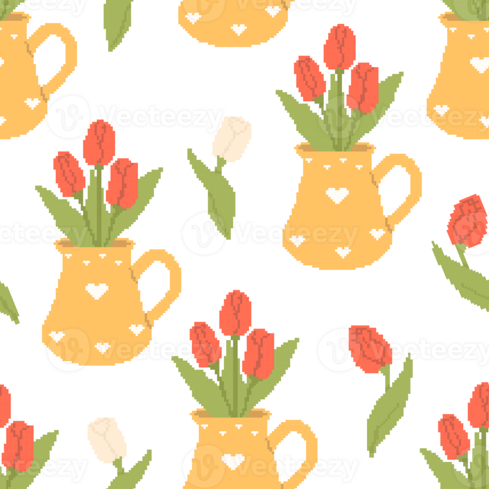 Pixel Art Seamless Pattern Flower Tulips in Vase. Template in retro 8-bit style png
