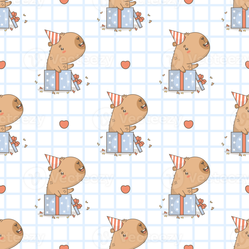 Seamless Pattern Happy Birthday Capybara in Gift Box on checkered Background png
