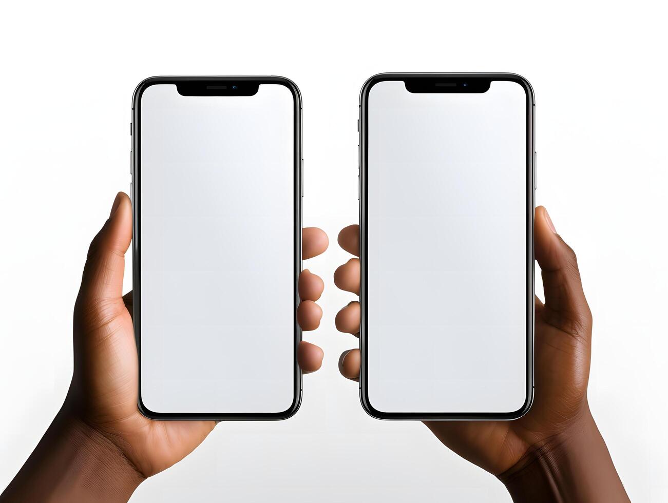Two hands holding two iphones with blank screens photo