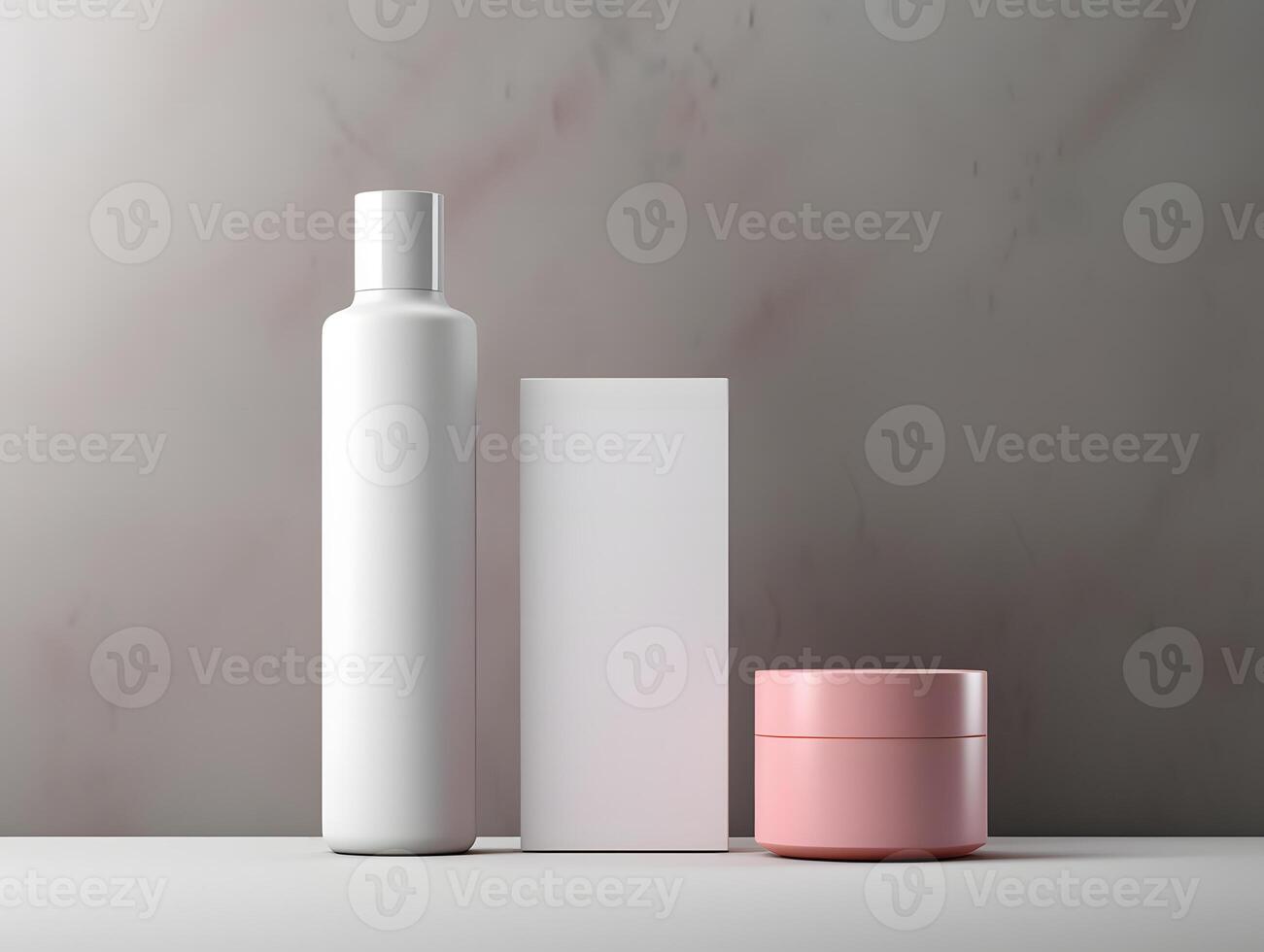 Pink cosmetic products on a table with a white background photo