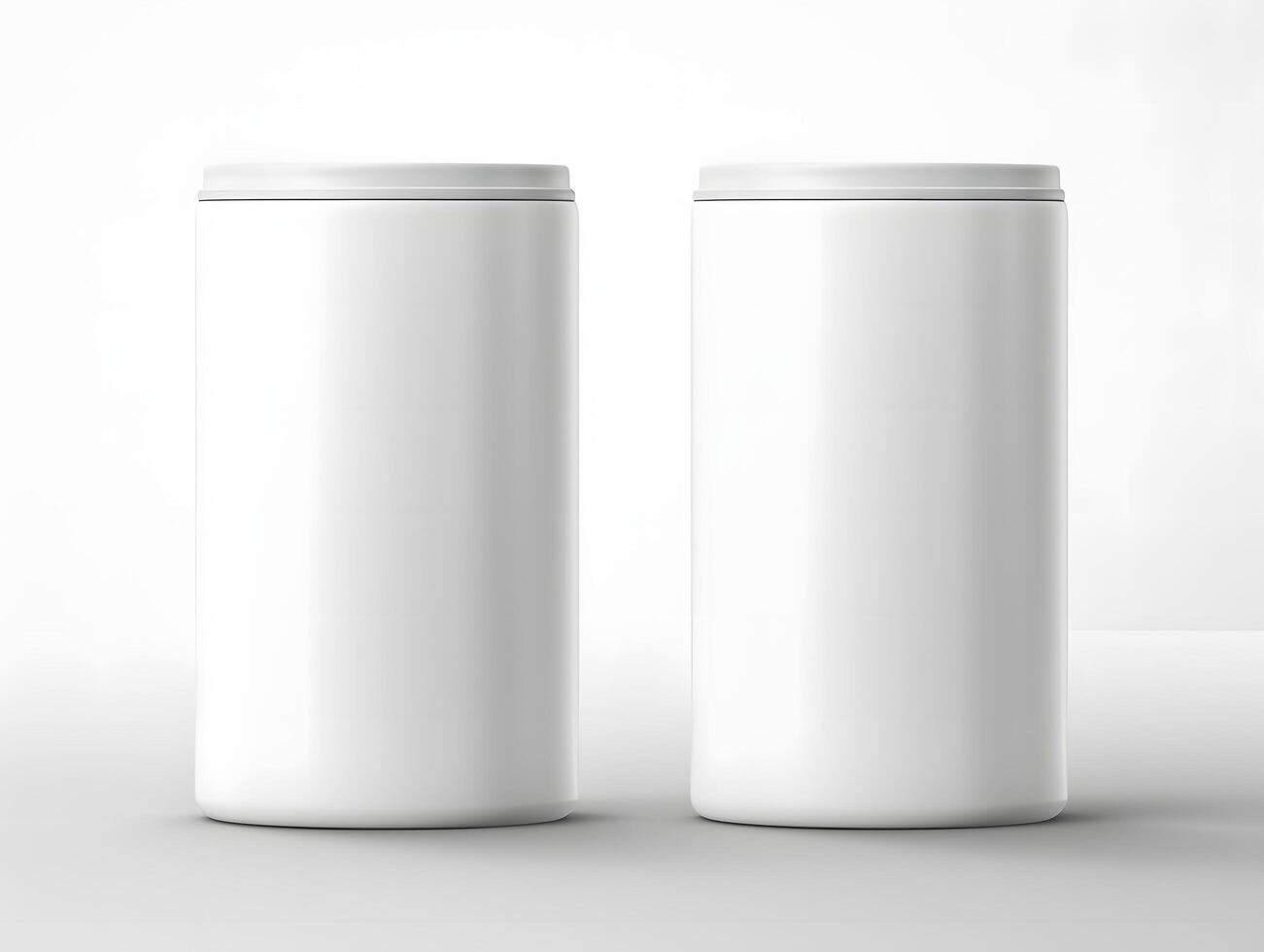 Two empty white cans on a table with a white background photo